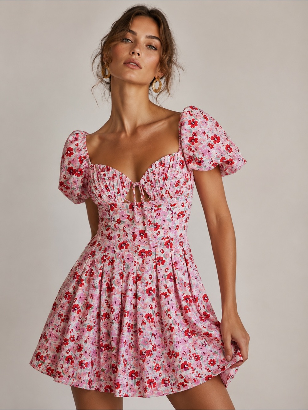 Shareen Collections Floral Puff Sleeve Mini Dress Pink Red Coquette Sweetheart 6
